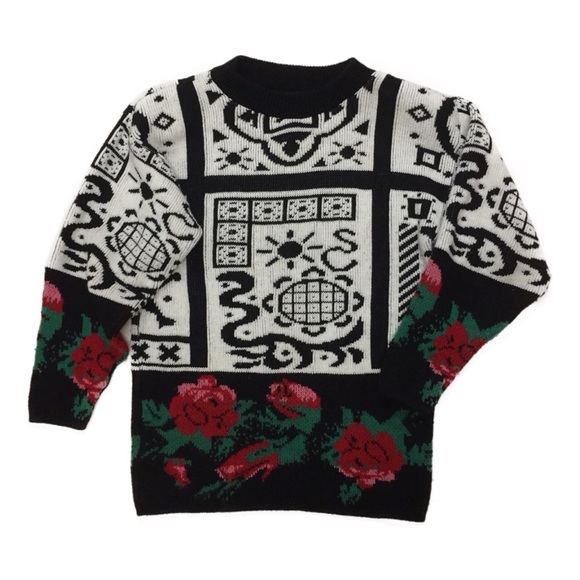 Vintage 80's Looking Good Knits LTD. Black White & Red Rose Floral Sweat… - Picture 1 of 9